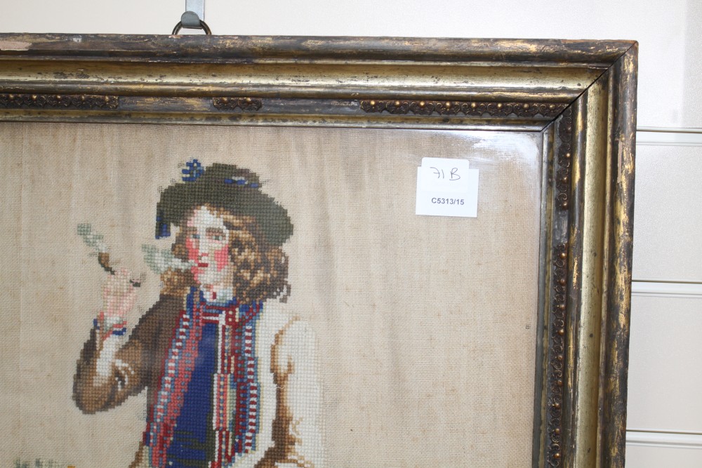 A 19th century Berlin needlework panel, depicting a gentleman smoking a pipe, 53 x 47cm, overall with frame 65 x 58cm